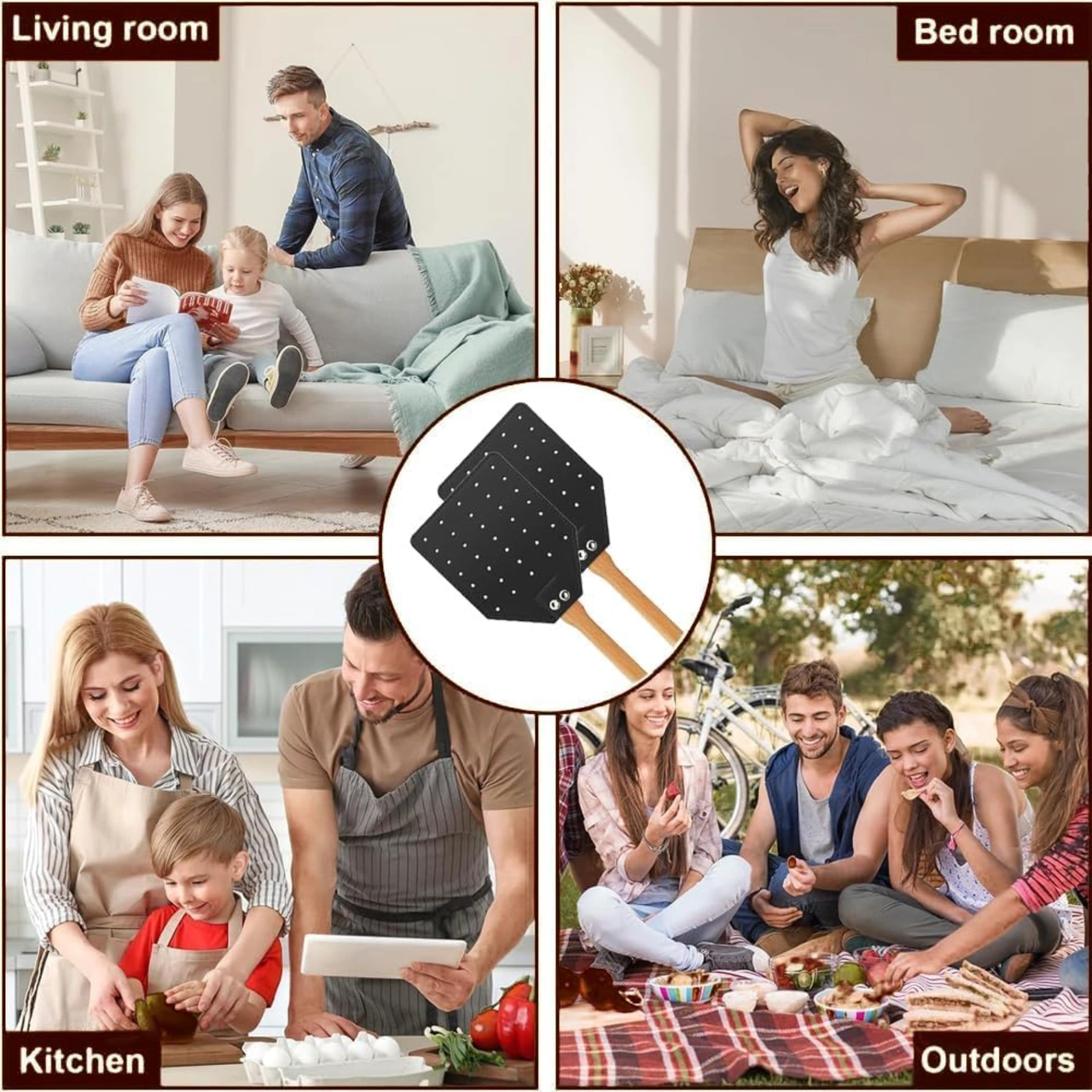 Yaleker 2 Adet Siyah Deri Ve Ahşap Uçlu Dayanıklı Sinek Vuruğu, Uzun Saplı El Yakalama Kolu Siyah