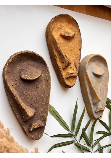 Özel Tasarım El Yapımı Heykel Soyut Yarım Yüz Maske 3'lü Set, Duvar Dekor, Yılbaşı, Noel Hediyesi