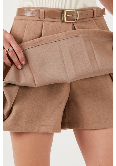 Lela Streç Standart Fit Pileli Kışlık Mini Bayan Şort Etek 611Sr00016 Taş