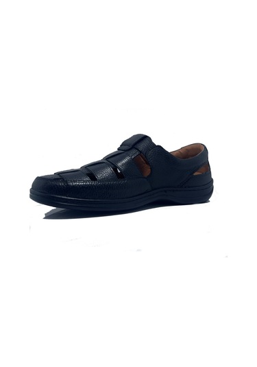 Sultan Siyah Hakiki Deri Bantlı Ortopedik Günlük Erkek Yazlık Ayakkabı Siyah