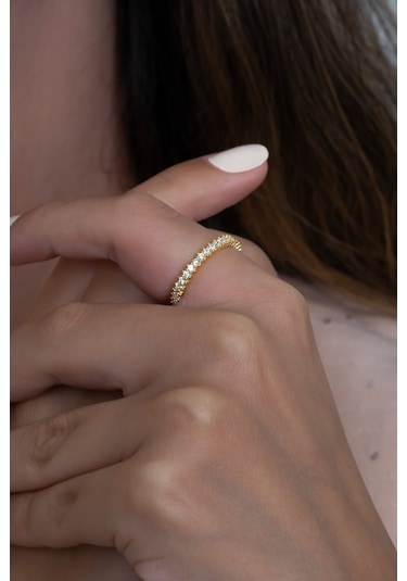 Tek Sıra Tam Tur Taşlı Altın Kaplama Gümüş Yüzük Tkb02S