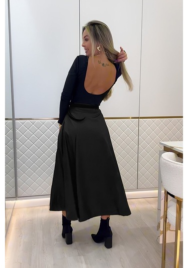 Kadın Yüksek Belli Maxi Deri Kemersiz Etek Siyah