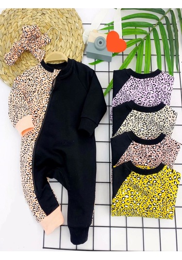 3-6-9-12 Ay Bandanalı Leopar Desenlı Fermuar Kapama Kız Bebek Tulumu Bej