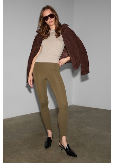 Grımelange Rysanne Kadın Esnek Kumaşlı Slim Fit Paçası Lastik Detaylı Haki Pantolon Haki