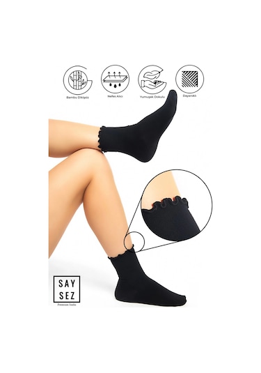 Bambu Kadın Lastiksiz Siyah Fırfırlı Soket Dikişsiz Çorap 3'lü Paket / İz Bırakmaz / Sıkmayan Çorap Renkli
