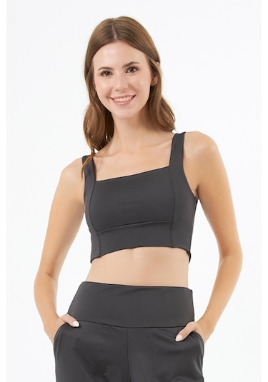 Füme Kare Yaka Crop Top Büstiyer Füme