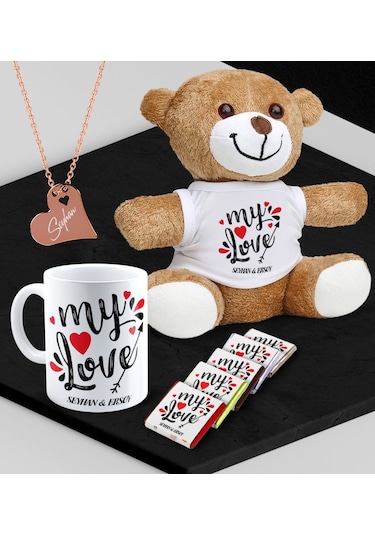 Kişiye Özel Sevgili Peluş Ayı Kupa Madlen Çikolata Ve Rose Kalp Kolye Set - 81