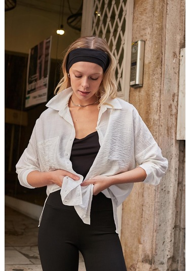 Kadın Likrasız Keten Kumaş Yakalı Cepli Düşük Omuzlu Salaş Oversize Tunik Gömlek-krem Krem