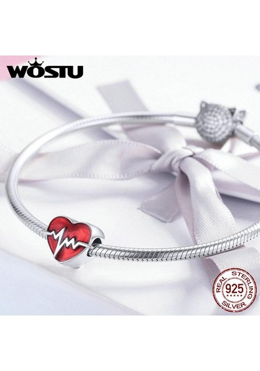 Wostu 925 Ayar Gümüş Kalp Atışı Kalp Boncuk Kırmızı Emaye Charms Fit Orijinal Bilezik Kalp Charm Gümüş