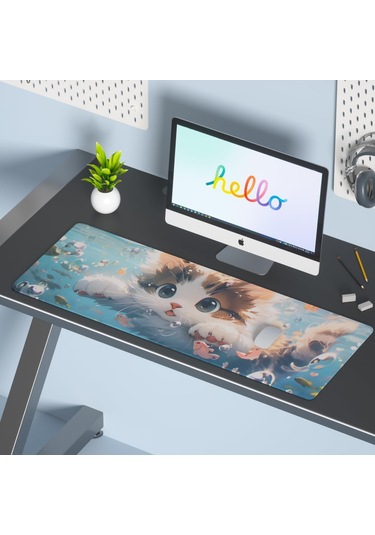 Geeksen Sevimli Kedi Desenli Büyük Boy Anti-kayar Ofis Ve Oyun Mouse Pad 60x30cm