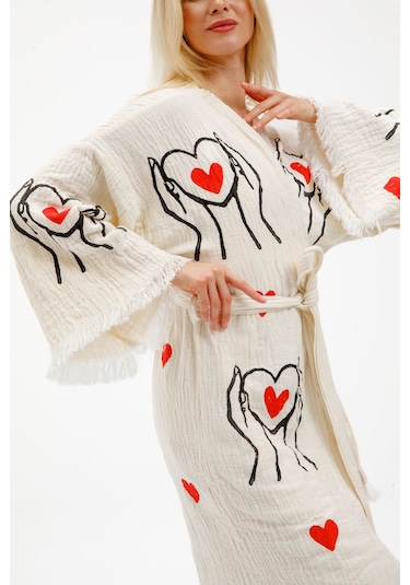 Elif Towels Kalpli Ekru Renk Kimono Kaftan Ekru