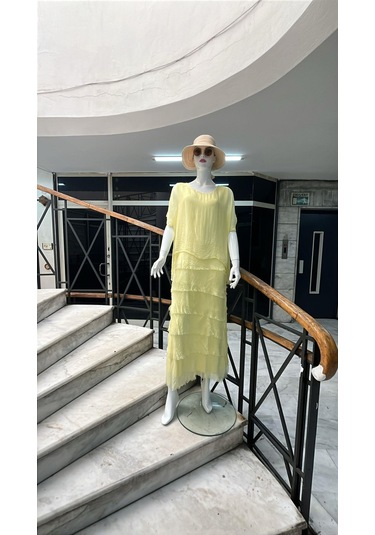 İtalyan 2 Beden Ince Gösteren Yarım Kol Kat Kat Ipek Elbise-8794 Sarı