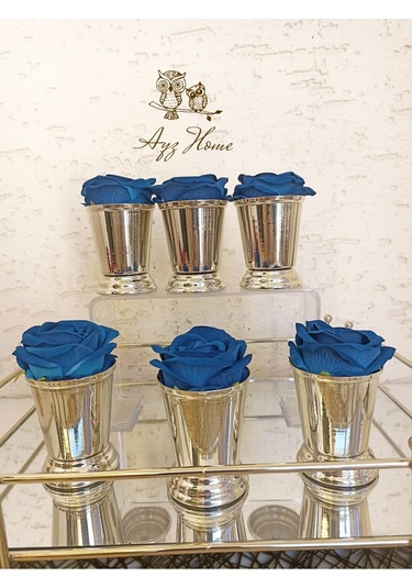 Kahve Sunum Güllü Gül Kovası 6 Adet Lacivert