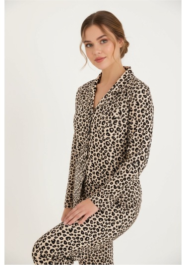 Luxury Soft Bej Leopar Desenli Uzun Kollu Kadın Pijama Takımı 3062 LEOPAR