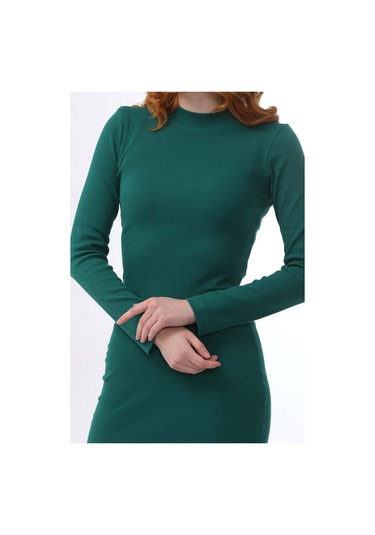 Kallima Yeşil Bodycon Dik Yaka Uzun Kollu Fitilli Elbise - 130 Cm Yeşil