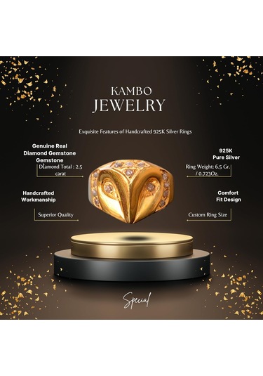 Gerçek Elmas Taş Yüzük, 2.5 Karat Baykuş Yüzüğü, Gümüş Altın Kaplama Gümüş