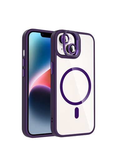 iPhone Uyumlu 14 Kılıf Standlı + Kamera Lens Koruma Setli M-safe Şarj Özellikli Mkst Etro Kapak Derin Mor Derin Mor