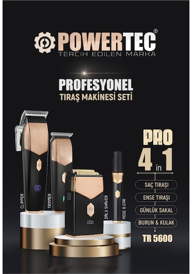 Powertec TR-5600 Pro 4in1 Profesyonel Tıraş Makinesi Seti + Önlük