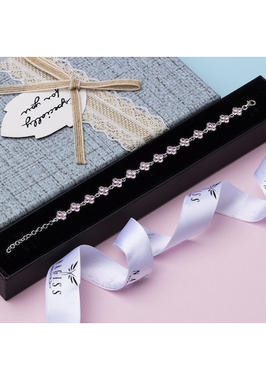 Yonca Model Pembe Zirkon Taşlı 925 Ayar Gümüş Kadın Bileklik Gümüş - Rodyum