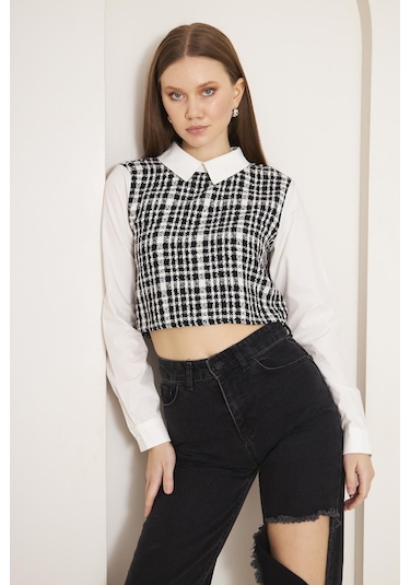 Darlin Moda Siyah Tweed Gömlek Yaka Crop Bluz Dm9002 Siyah
