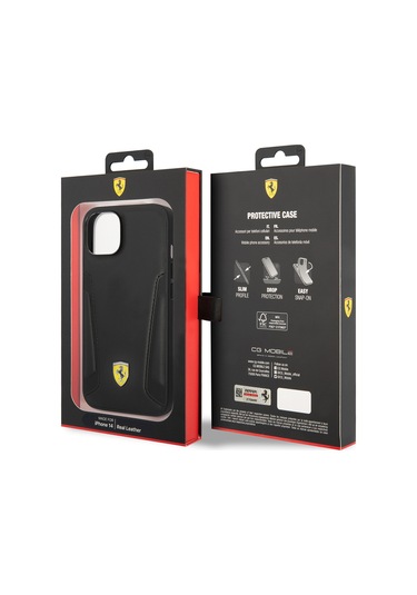 İphone Uyumlu 14 Plus Kılıf Ferrari Lisanslı Magsafe Uyumlu Deri Kenarları Damgalı Dizayn Kapak Siyah