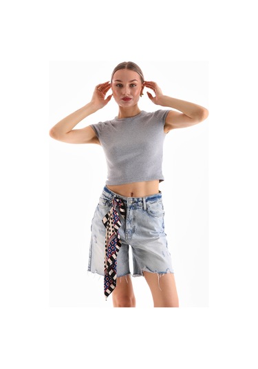 Kadın Likralı Kısa Kol Crop Bluz Gri
