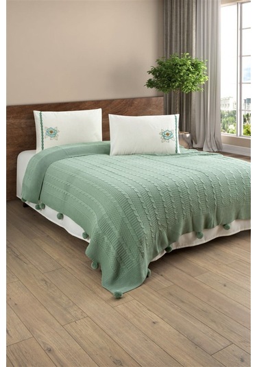 Triko Örme Gül Nakışlı Battaniye Takımı -tivoli Rosetta Mint