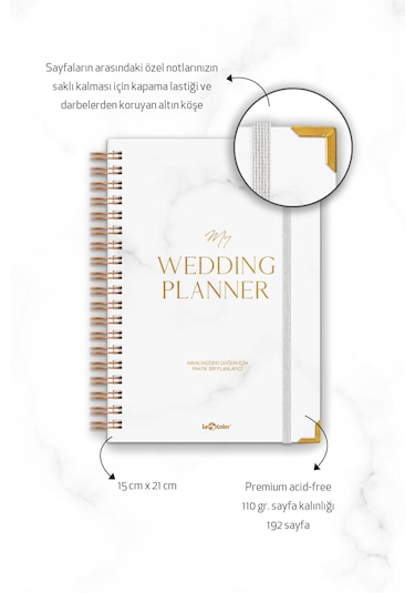 Düğün Planlayıcısı Altın Köşeli  Ajanda Luxury Wedding Planner Altın - Beyaz