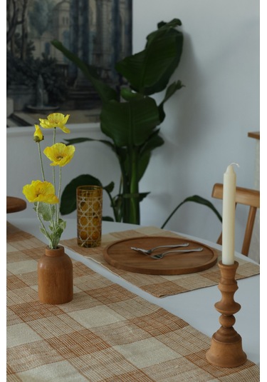 Yakacihome Juta Tarçın 5 Parça 4 Parça Amerikan Servis & 1 Parça Püsküllü Runner Jüt Kumaş Sofra Seti Tarçın