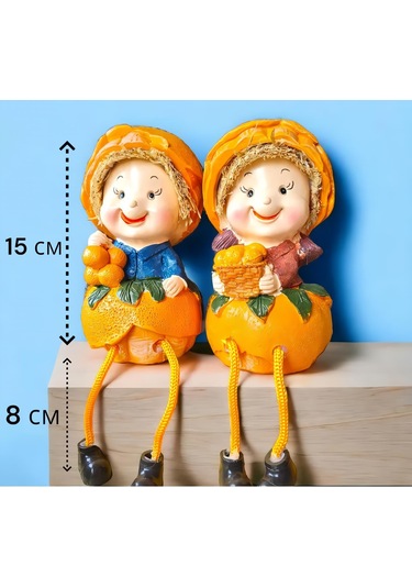 Ayakları Sallanan Portakal Kızlar Figürlü 2'li Biblo Seti Dekoratif Obje Hediyelik 24 Cm. Büyük Boy