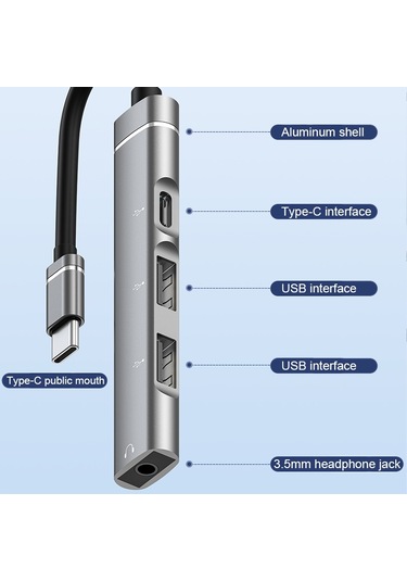 Usb-c / Type-c - 3,5 Mm + 2usb + Type-c Hub Yerleştirme İstasyonu Gri