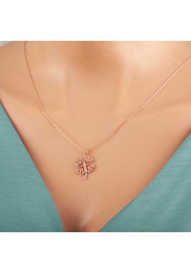 925 Ayar Gümüş Rose Kalpli Dört Yapraklı Yonca Kadın Kolye Gümüş