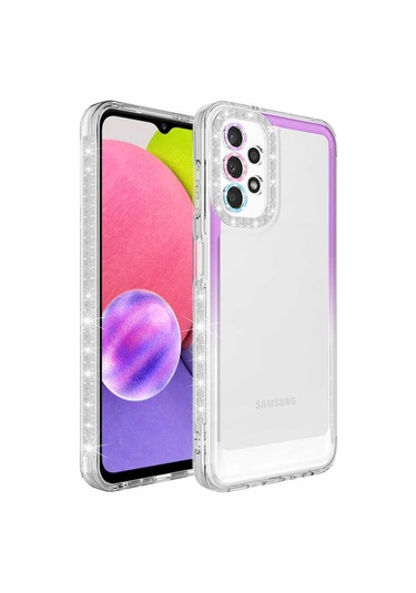 Ardemix Galaxy Uyumlu A23 Kılıf Simli Ve Renk Geçiş Tasarımlı Lens Korumalı Park Kapak - Pe Pembe-mavi