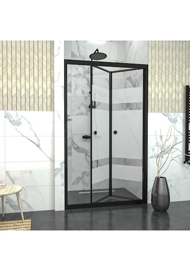Tekno Duş Black Corina Akordion Kumlamalı Cam Duşakabin Şeffaf