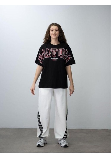 Kız Çocuk Future Baskılı Çizgili Oversize Eşofman Takım-15537 Siyah