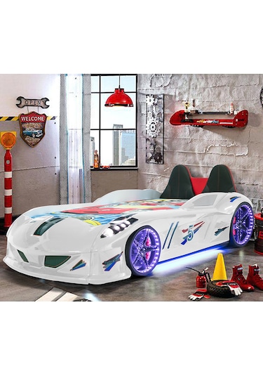 Setaymobilya Arabalı Yatak, Jaguar Koltuklu Full Ledli Beyaz, Süperlüx, Setay