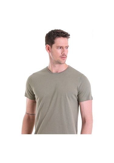 Hatemoğlu Regular Fit Pamuk Bisiklet Yaka Düz Erkek Tişört Açık Haki