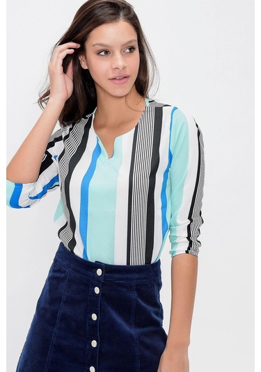 Kadın Mint Yakası Yırtmaçlı Krep Bluz Truvakar Kol Çizgili Ve Giy Çık - Tesettüre Uygun Siyah - Mavi