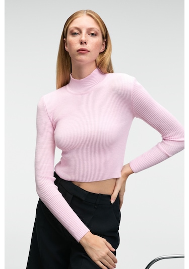 Grimelange CALIDA Kadın Dik Yaka Fitilli Görünümlü Slim Fit Triko Pembe Kazak
