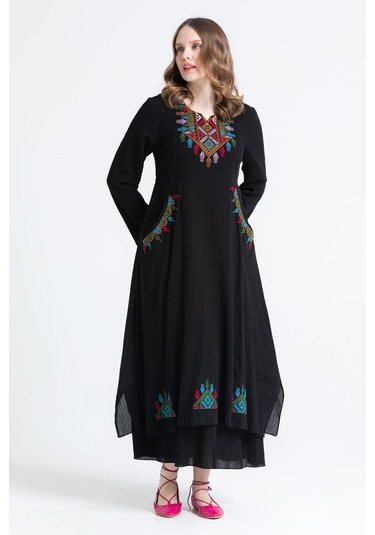 Uzun Kol Şile Bezi Nakışlı Antik Uzun Elbise Siyah Syh-siyah Siyah