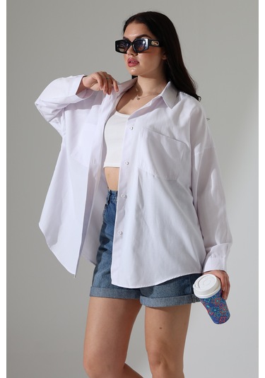 Gömlekçiniz Oversize Poplin Kumaş Çift Cepli Kadın Tunik Gömlek