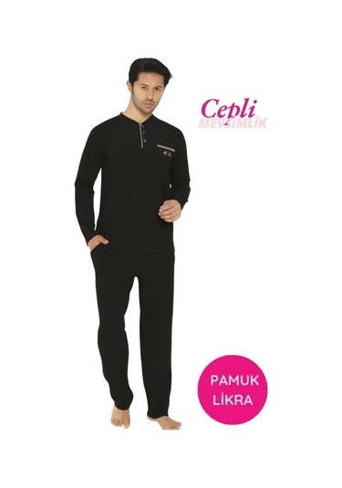 Erkek Siyah Bisiklet Yaka 3 Düğmeli Göğüs Cepli Pamuk Likra Mevsimlik Uzun Kol Cepli Pijama Takımı Siyah