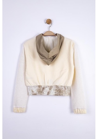 Kız Çocuk Kapüşonlu Triko Garnili Sweatshirt-13358-krem Krem