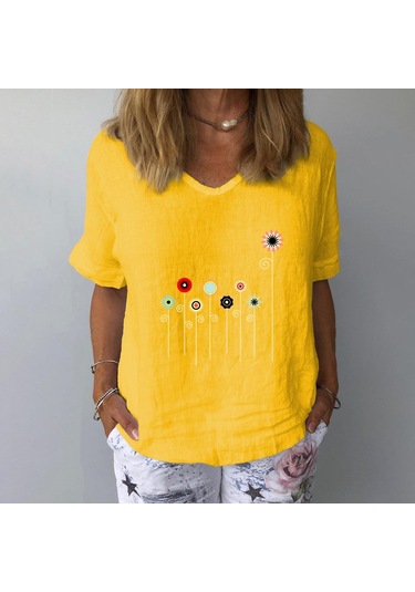 Kadın Modası Günlük Yaz Kısa Kollu O-boyun Bluzlar Ve Gömlekler Sari