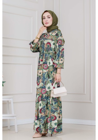 Beli Tünelli Çiçekli Viscon Elbise-yeşil-5319 Yeşil