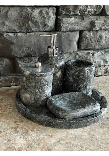 Uludağ Siyahı Mermer 5'li Banyo Seti Beyaz