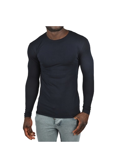 Deepsea Erkek Lacivert Uzun Kollu Dar Kalıp Ince Sıfır Yaka Sweatshirt 2300423 False Lacivert