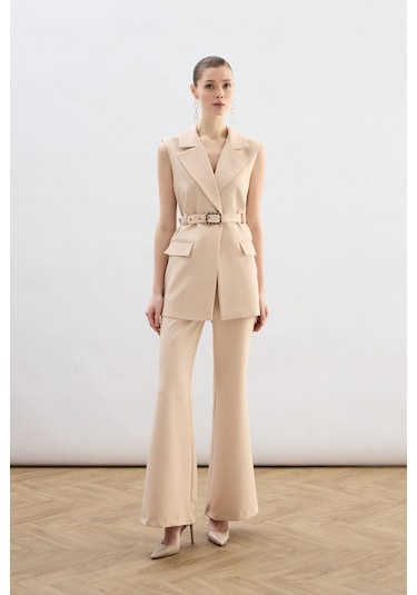 Sateen Kemer Detaylı Yelek - Bej-136848 Bej