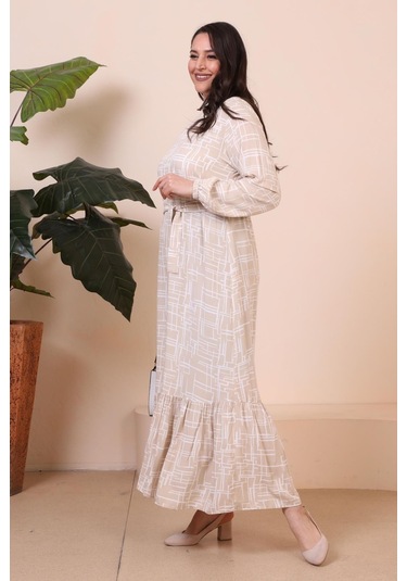 Kadin Hakim Yaka Buyuk Beden Elbise Tesettur Viskon Kumas Pileli Ve Piliseli Elbise 001