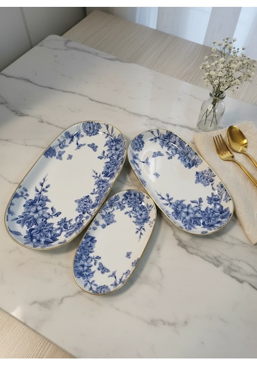 Martha Spring Time 3lü Kayık Tabak Mavi - Beyaz